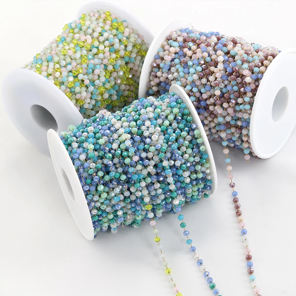 1meter Stone Stainless Steel Chain Muti-color Crystal Beaded Chains Link for DIY Jewelry Making Necklace Bracelet Findings