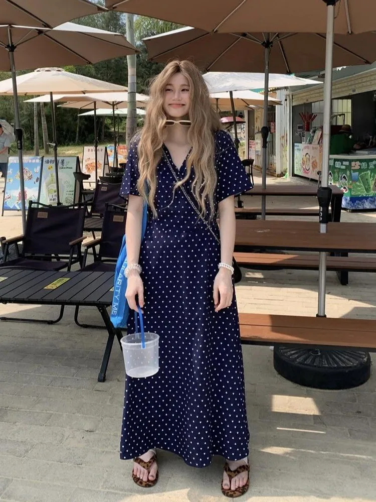 

plus Size Retro Polka Dot Short Sleeve Dress V Neck Waist Cinching Slimming Design Knee Length over Knee Long Dress for Women