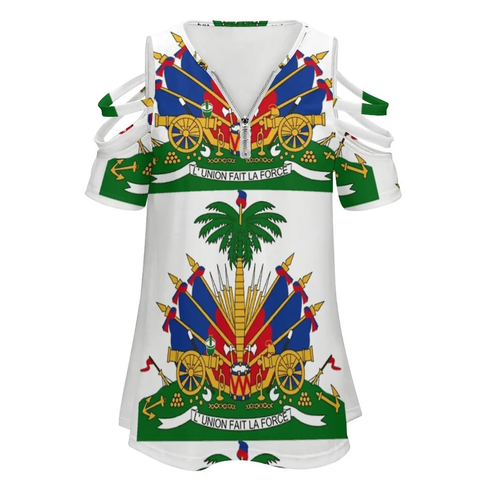 Haiti Coat Of Arms Women Zipper Sexy Printed Vintage T Shirts Tops Full Print T-Shirt Haiti Haiti Coat Of Arms Coat Of Arms Of