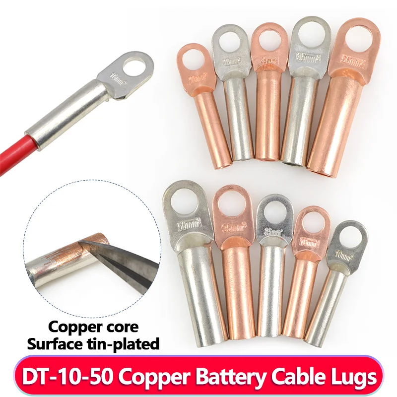 Copper Battery Cable Lugs Crimp Terminals 2/5/10pcs Soldered Wire Terminal Block Connector DT-10/16/25/35/50 Automotive Marine