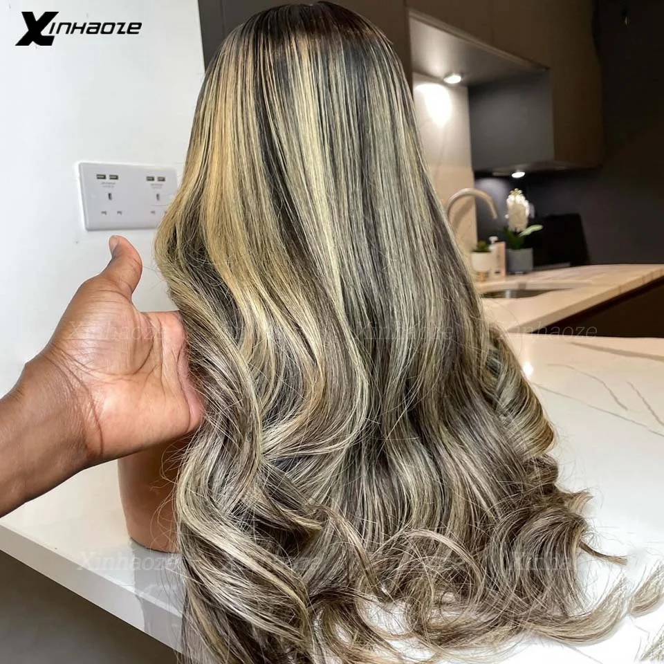 Parte do meio # 4/27 destaque marrom loiro corpo ondulado sem cola 13x4 seda superior perucas de cabelo humano nós descorados 360/perucas completas do laço