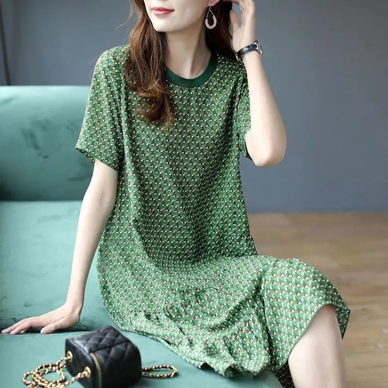 

Summer New Large-size Dress Fashionable Floral Casual Loose Slim Print Short-sleeved Mid-length Skirt for Women