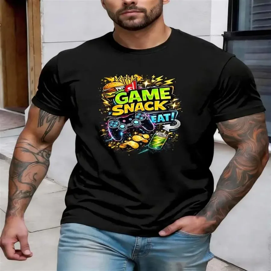 Gaming Snack Men'S T-Shirt Burger Fries Game Controller Print Pattern Pure Premium Print Durable Casual Fashion