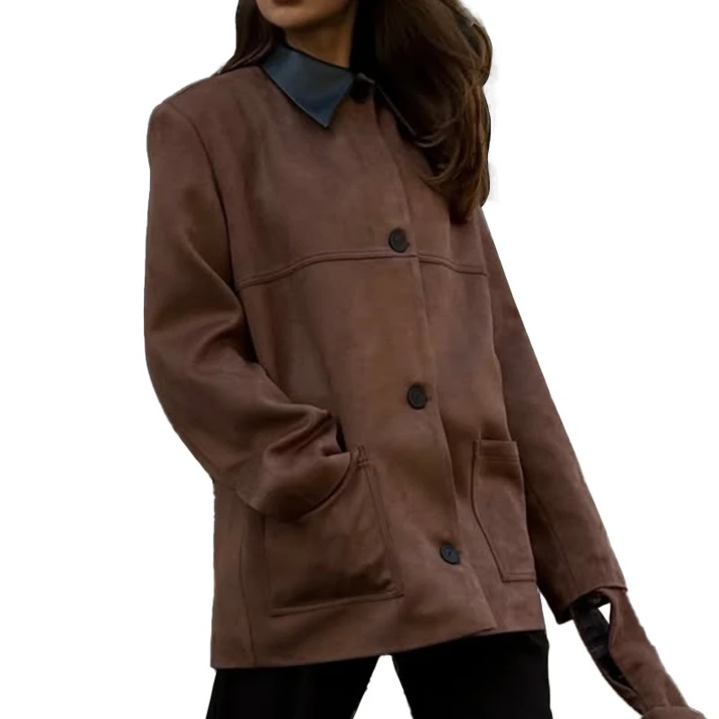 معطف من جلد الغزال عتيق لخريف وشتاء 2025 فضفاض مناسب بياقة سوداء سترة مريحة دافئة #5