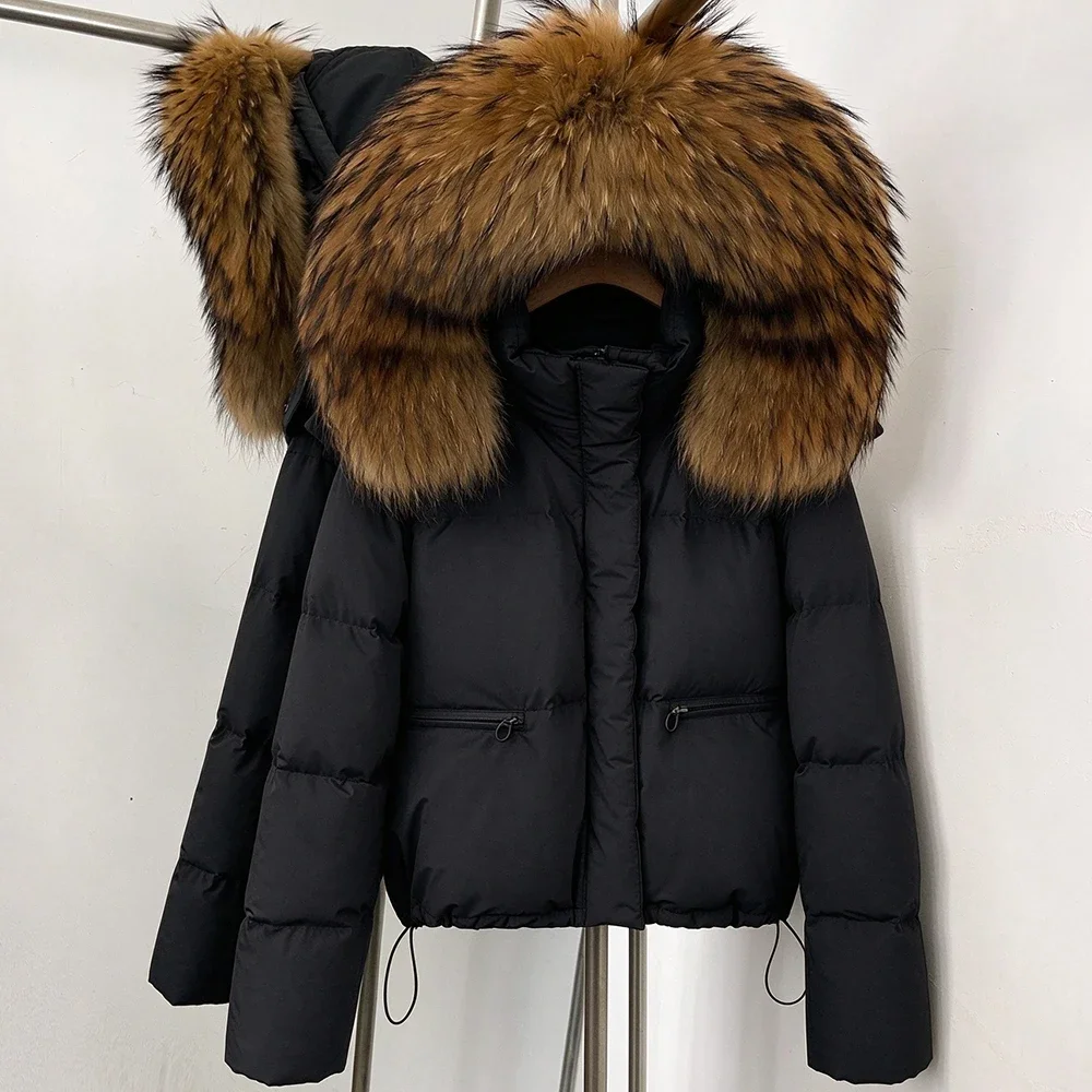 Women's Thick Winter White Duck Down Coat Warm Down Jacket with Real Fox Fur Collar Hooded Windproof Quilted Puffer Coat Luxury