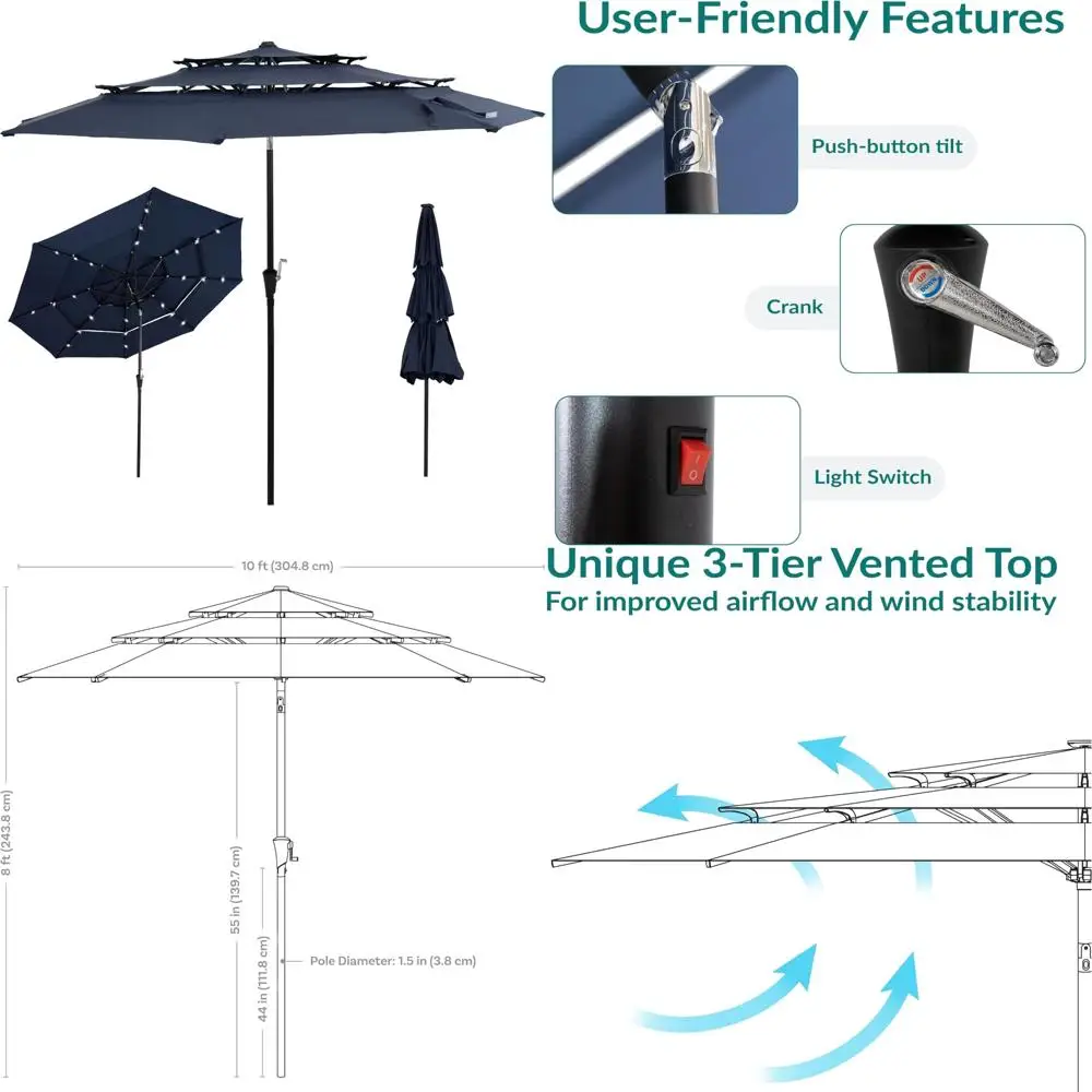 

navy blue 10-foot tilt and crank outdoor patio umbrella with 3-tier vented design for enhanced stability and durability