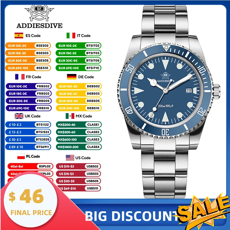 

ADDIESDIVE Luxury Men's Analog Watch BGW9 Luminous Ceramic Bezel Bubble Mirror Glass Diver's Watch 200m Quartz Watches AD2068