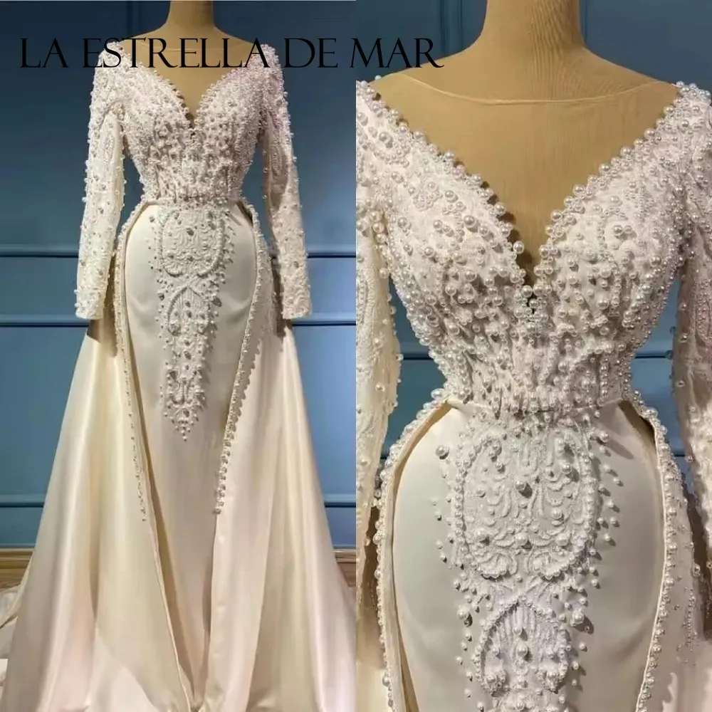 Gorgeous Mermaid Wedding Dresses for Women O Neck Long Sleeves Satin Bridal Gown Pearls Lace Detachable Train Robe Mariage