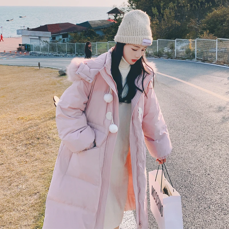 New Arrival! Pink Wool Ball Thickened Korean Loose Parka for Keeping Warm