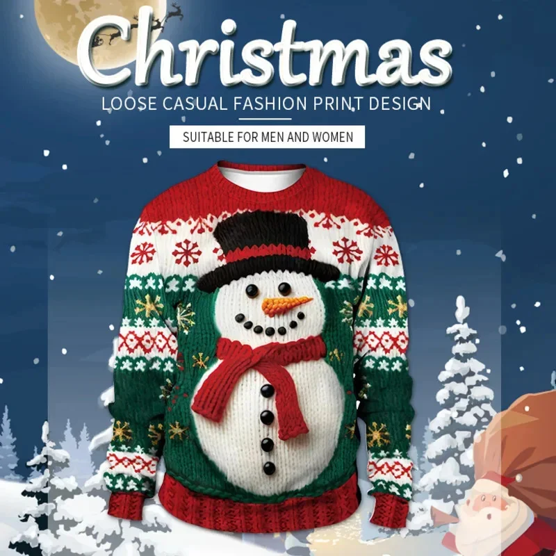 

Fashion New Snowman Christmas Tree Imitation Fuzzy Sweater Pattern 3D Digital Printing Round Neck Soft Trendy Clothes Knitted