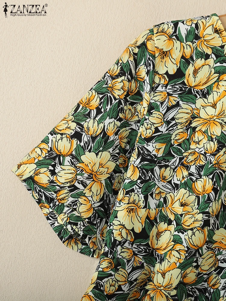 ZANZEA 2025 été col rond Blouses demi manches ample bohème Ditsy Floral Blusas Mujer femmes quotidien élégant décontracté Smock hauts