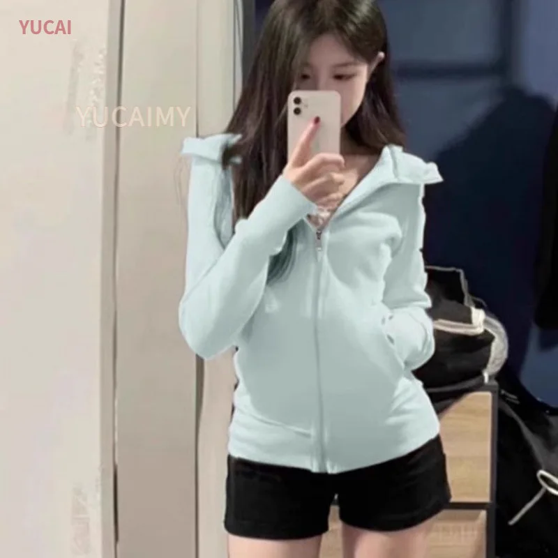 2025 New Autumn Winter Vintage Harajuku Hoodies for Women Korean Fashion Slim Casual Zip Up Hooded Sweatshirt Y2k Streetwear