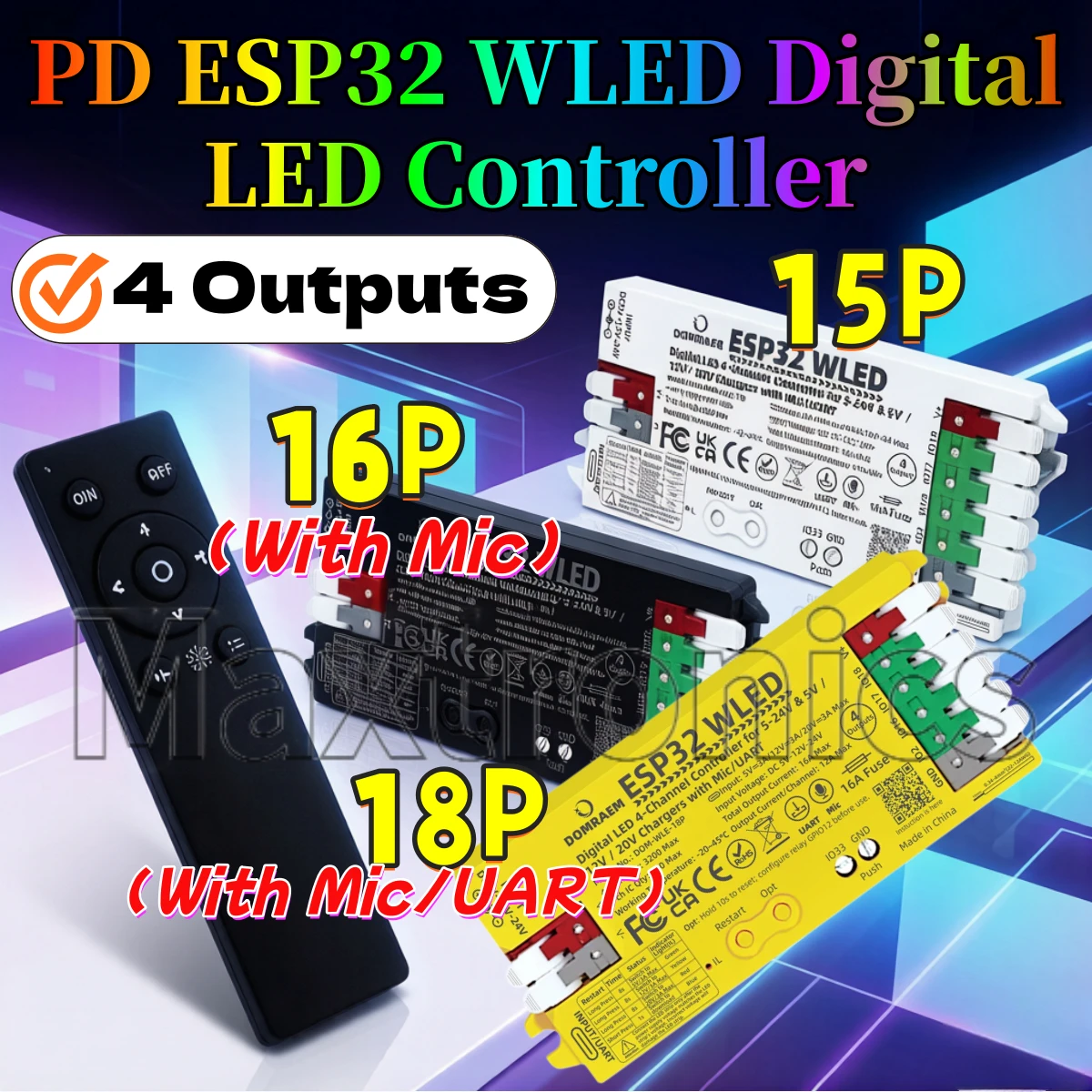 4 Outputs DOM-WLE-15P/16P/18P PD ESP32 WLED Digital LED Controller Dual PSU 5V/12V/20V for WS2811/12B SK6812 APA102 LEDs Lights
