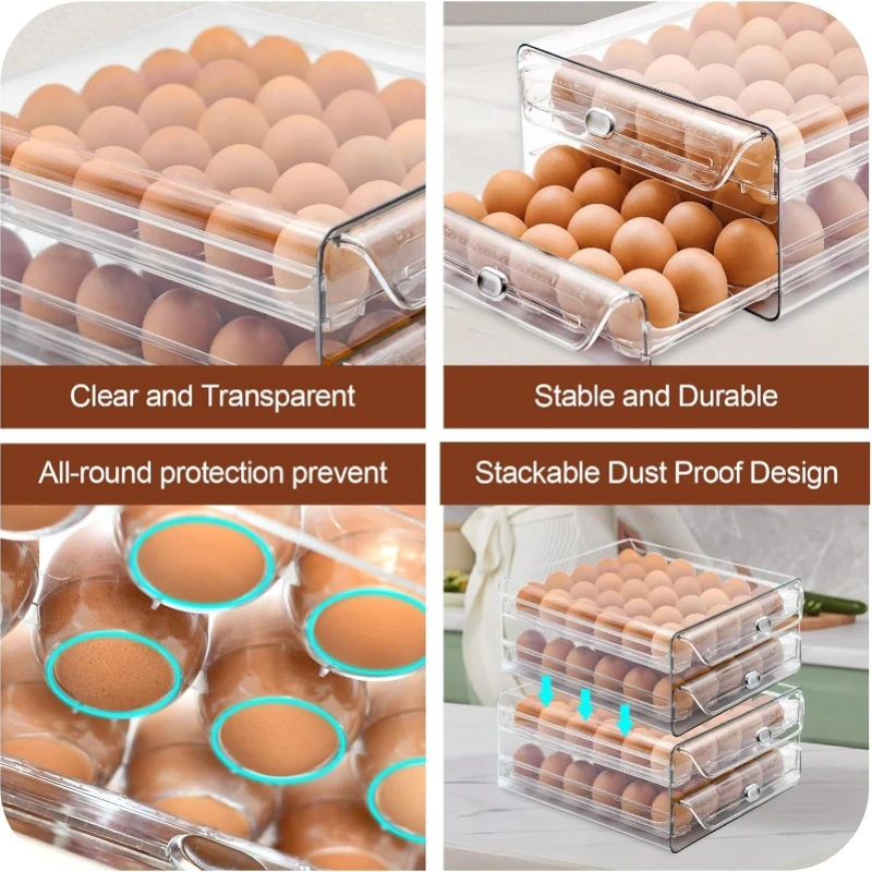 Egg Holder for Refrigerator 60 Eggs Clear Drawer Organizer 2 Layer Stackable Egg Holder Egg Trays Egg Storage Container