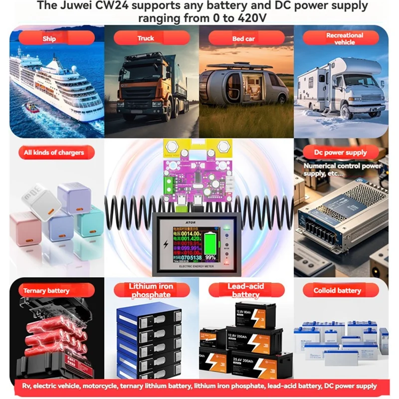 

Тестер емкости аккумулятора Wi-Fi, 500 А, кулоновый измеритель, вольт-амперметр, монитор мощности с реле 80 А для 0-420 В