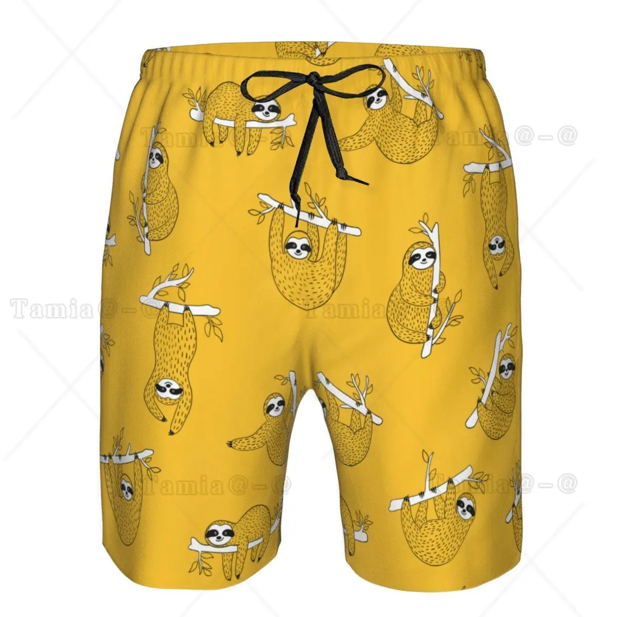 Man Swimwear Cute Baby Sloths Hanging On The Tree Yellow Print Swim Shorts Trunks Beach Board Shorts Mens Swimming Swimsuits