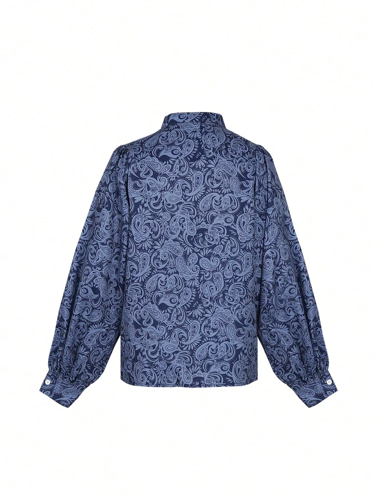 2025 herbst Neue frauen Elegante Mode Gedruckt Bluse Top Casual Laterne Hülse Taste Tiefem V-ausschnitt Täglichen Reise