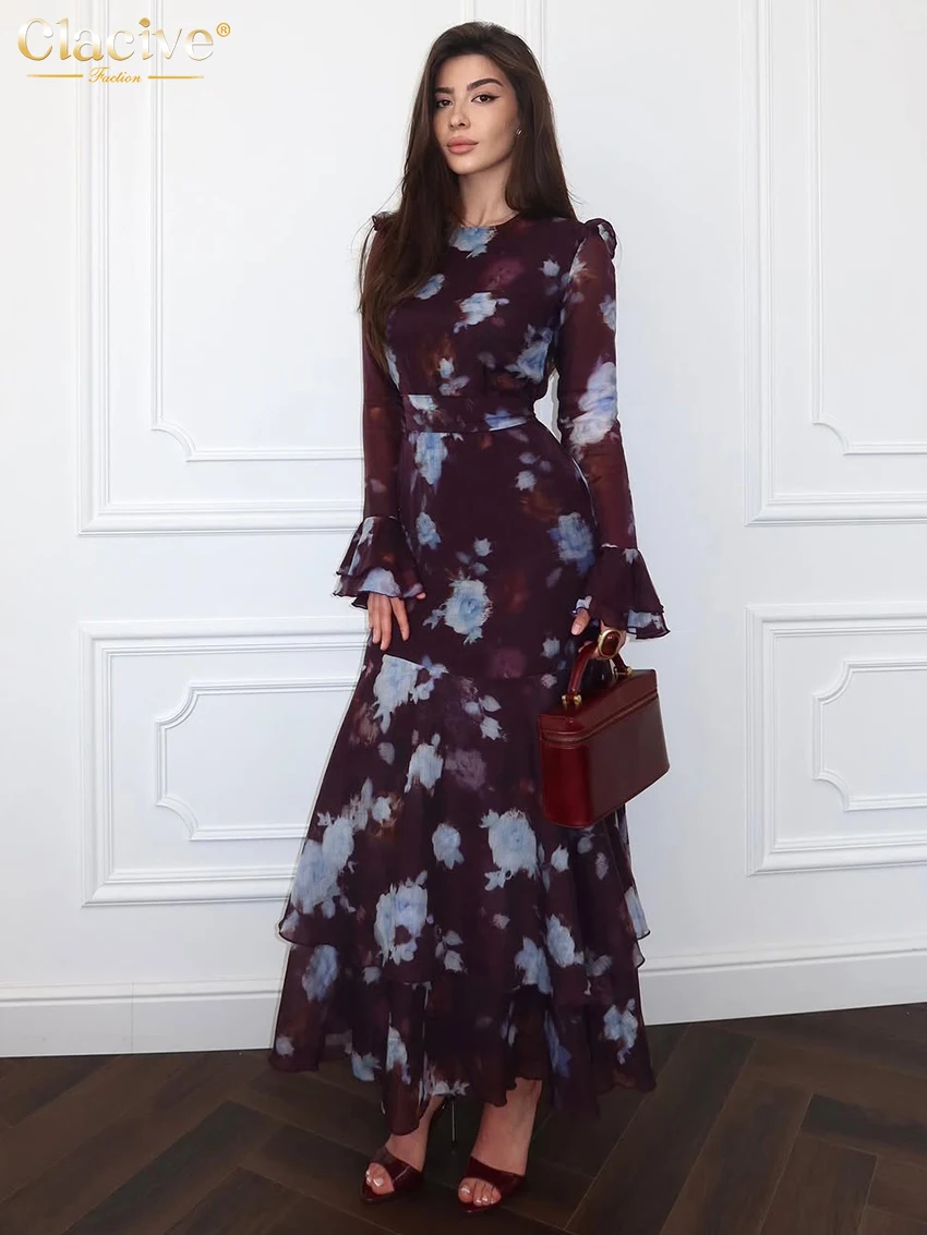 

Clacive Fashion Loose Print Women Dress Autumn O-Neck Long Sleeve Ankle Length Dresses Elegant Classic High Waist Female Dress