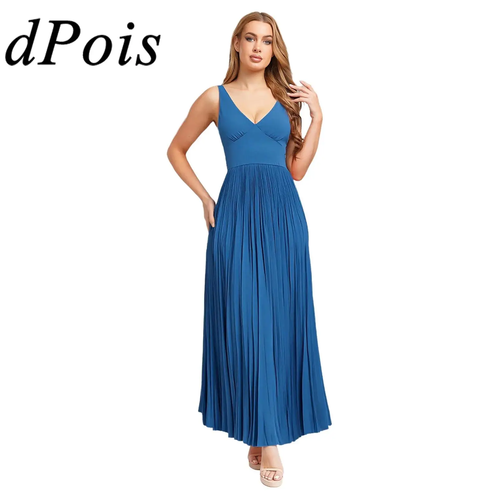 Vestido largo bohemio para mujer, vestido de noche con cuello en V, espalda abierta, dobladillo plisado, vestido acampanado para fiesta de vacaciones tropicales, vestidos de dama de honor