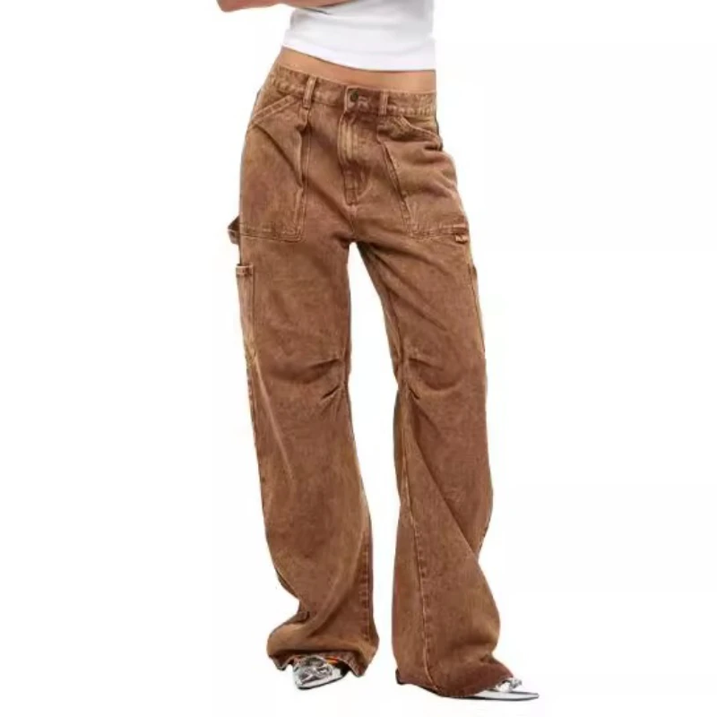 

2024 Vintage Workwear Jeans Brown Low Waist Relaxed Fit Unisex Military Pocket Street Trousers Wide Leg Pants Spring Autumn