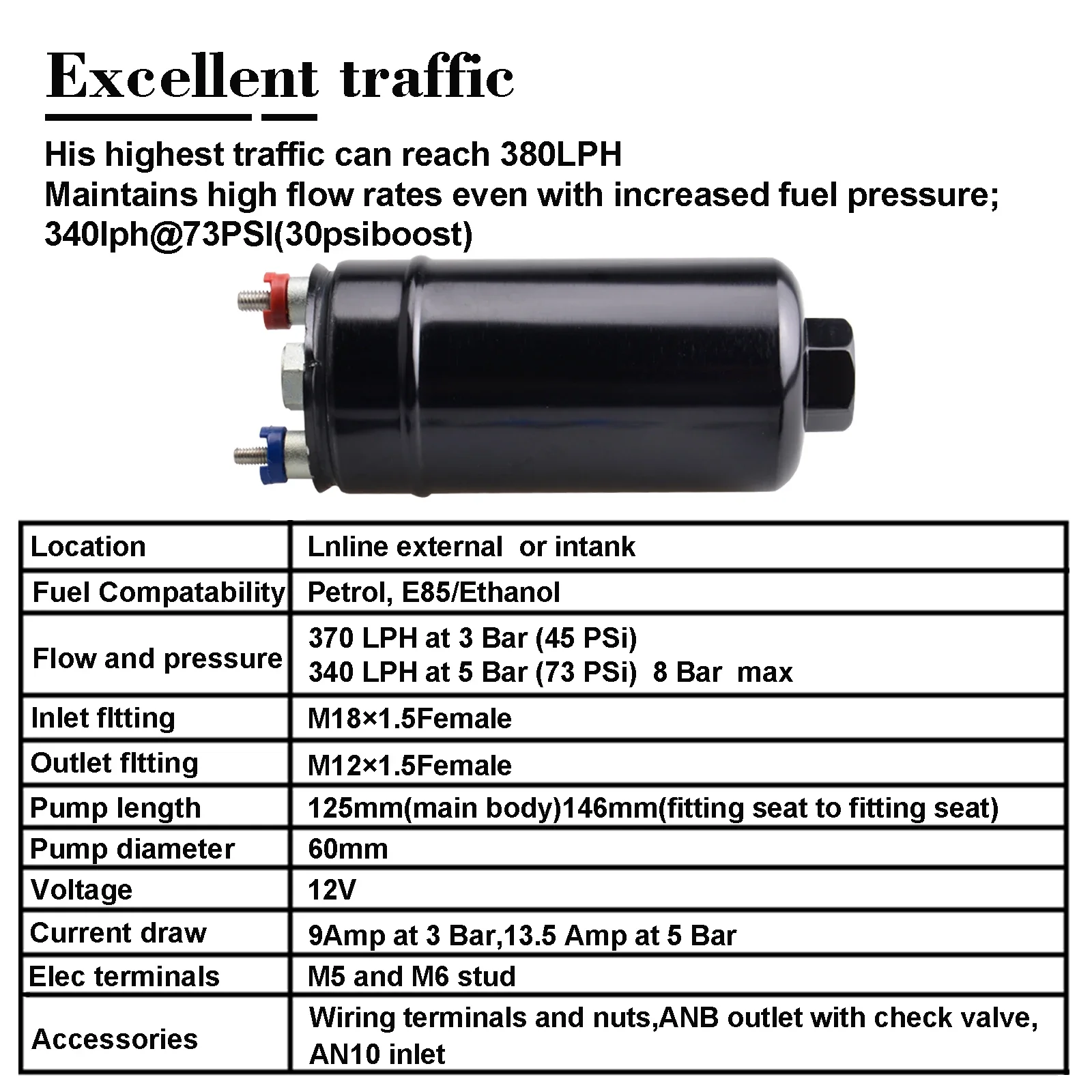 High Flow EFI 380LPH Inline External 044 Type Fuel Pump E85 Ethanol Compatible AN10 Inlet AN8 Outlet