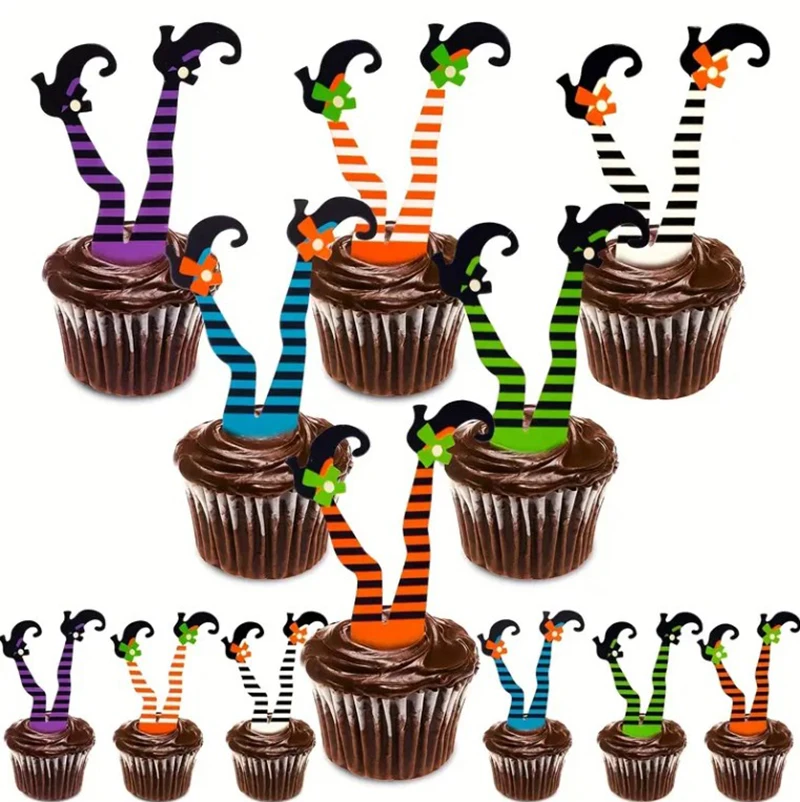 12pcs Halloween Witch Feet Cake Toppers Stripe Witches Legs Cupcake Topper DIY Mens Gift Party Decoration Halloween Props