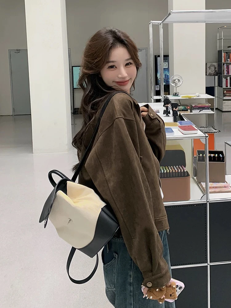 Fall New Brown Mermaid Deer Skin Velvet Jaet Women ort American Retro Motorcycle Jaet Top Loose Fit Commute Sle