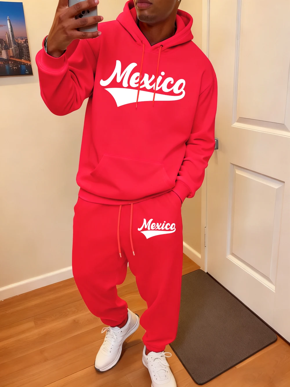 2 قطعة هوديس مجموعة رجالي المكسيك إلكتروني طباعة Sweatpants الشتاء الصوف جيب بلوزات الركض بنطال رياضي ملابس فضفاضة غير رسمية