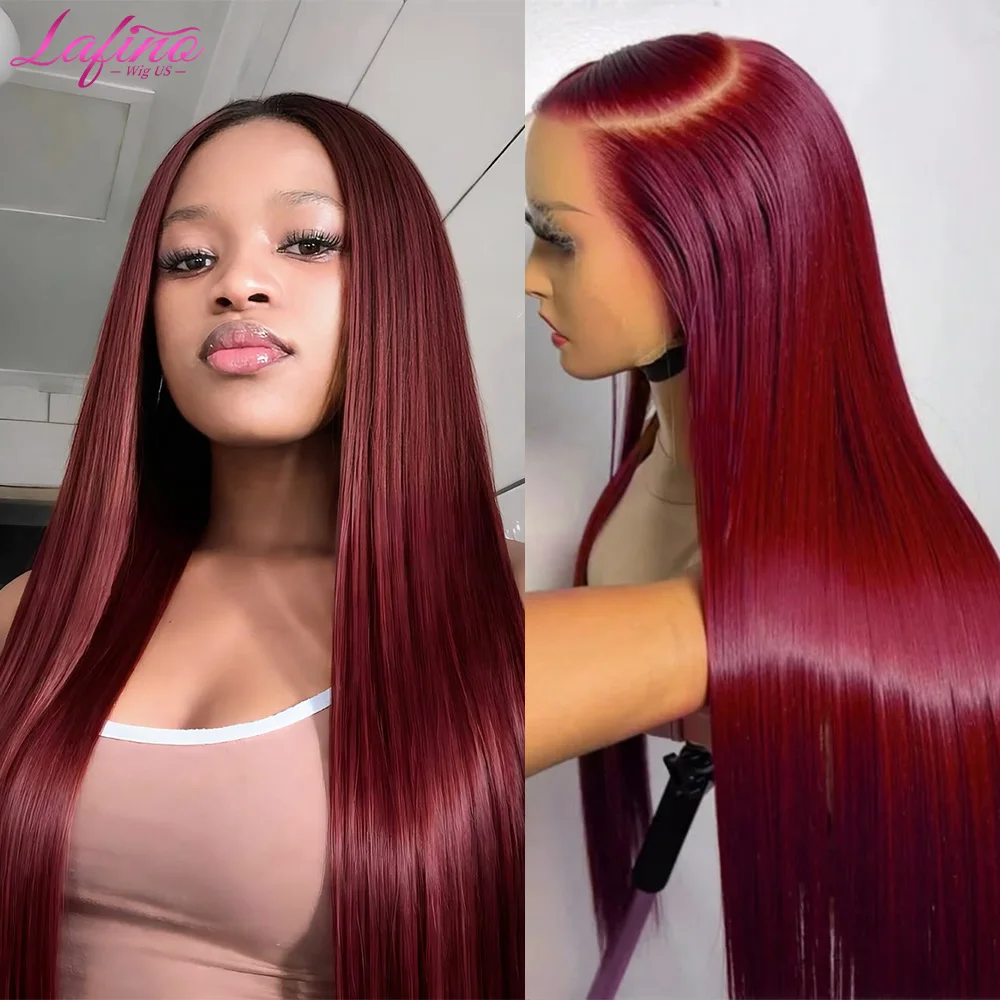 

99J Burgundy Straight 13x4 Lace Front Human Hair Wigs for Black Women 36 Inch HD Transparent Lace Frontal Wig Pre Plucked Free Cut Lace Free Part Need Glue Install Long Sleek Straight Wine Red Virgin Remy Hair Wigs High Density Genuine
