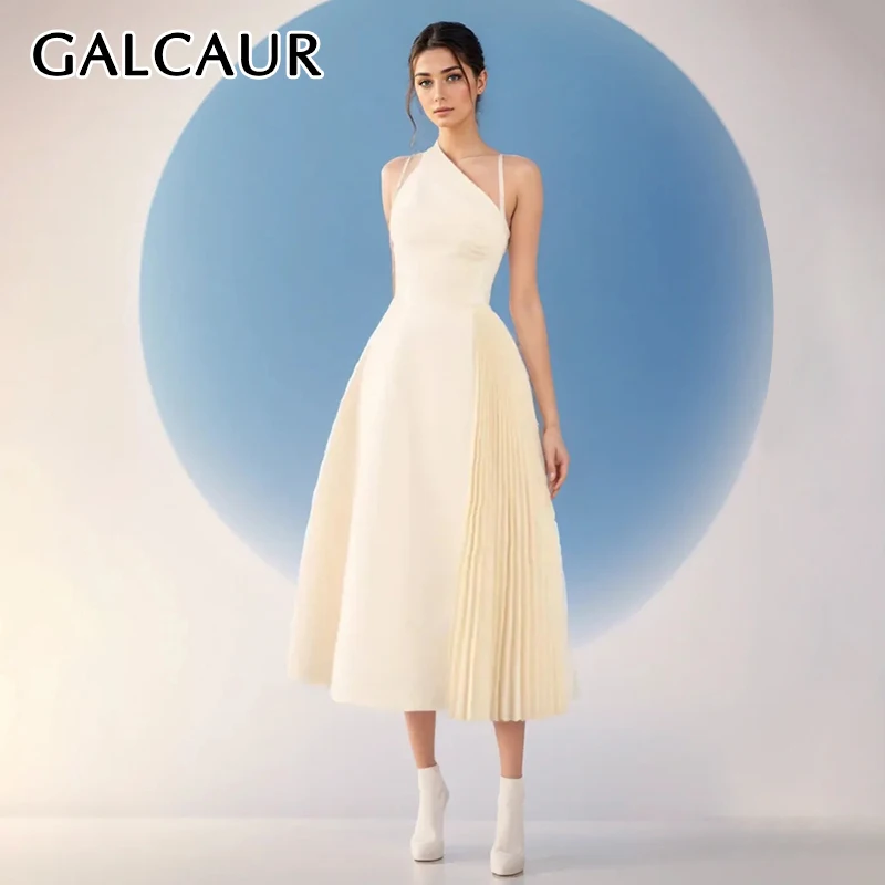 

GALCAUR Asymmetric Elegant Solid Dresses Fro Women Halter Sleeveless High Waist Spliced Folds Temperament Slimming Dress Female