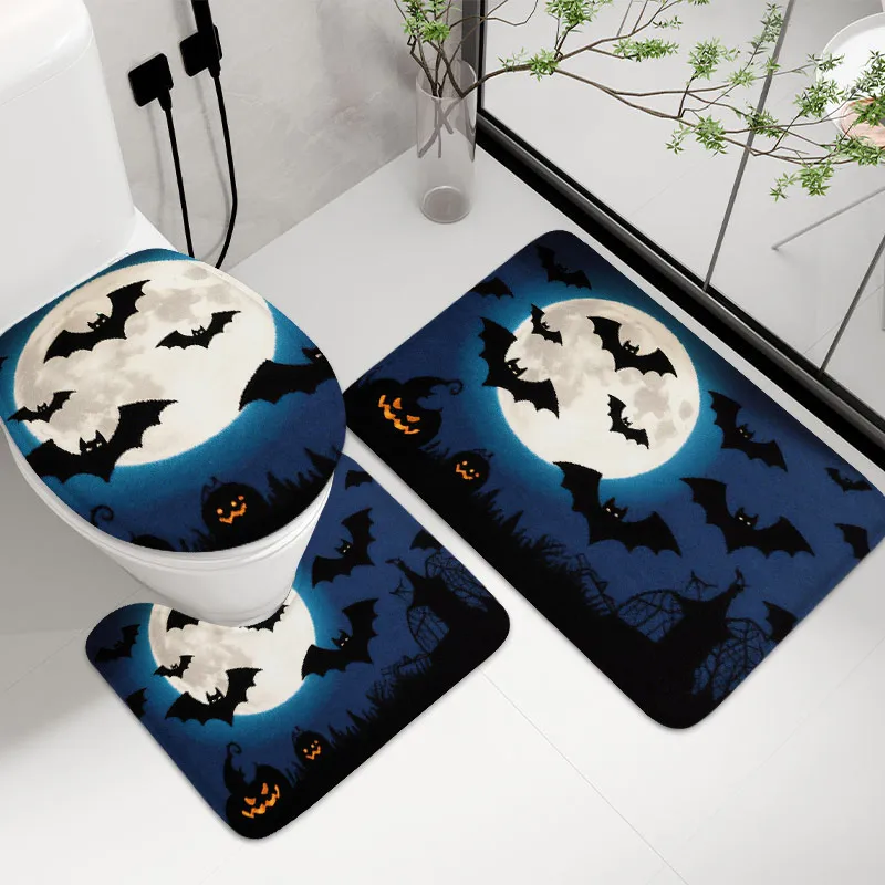 

3 bathroom floor mats 7MM thick Halloween element printed soft foot mats, living room carpet, machine washable