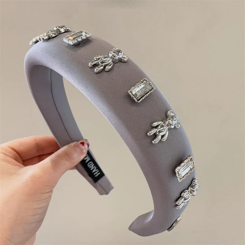 2024 High-end Silver Camellia Bear Satin Hair Band Headband Sponge Hair Accessories Korean Luxury Grey Padded Hair Hoop Headwear