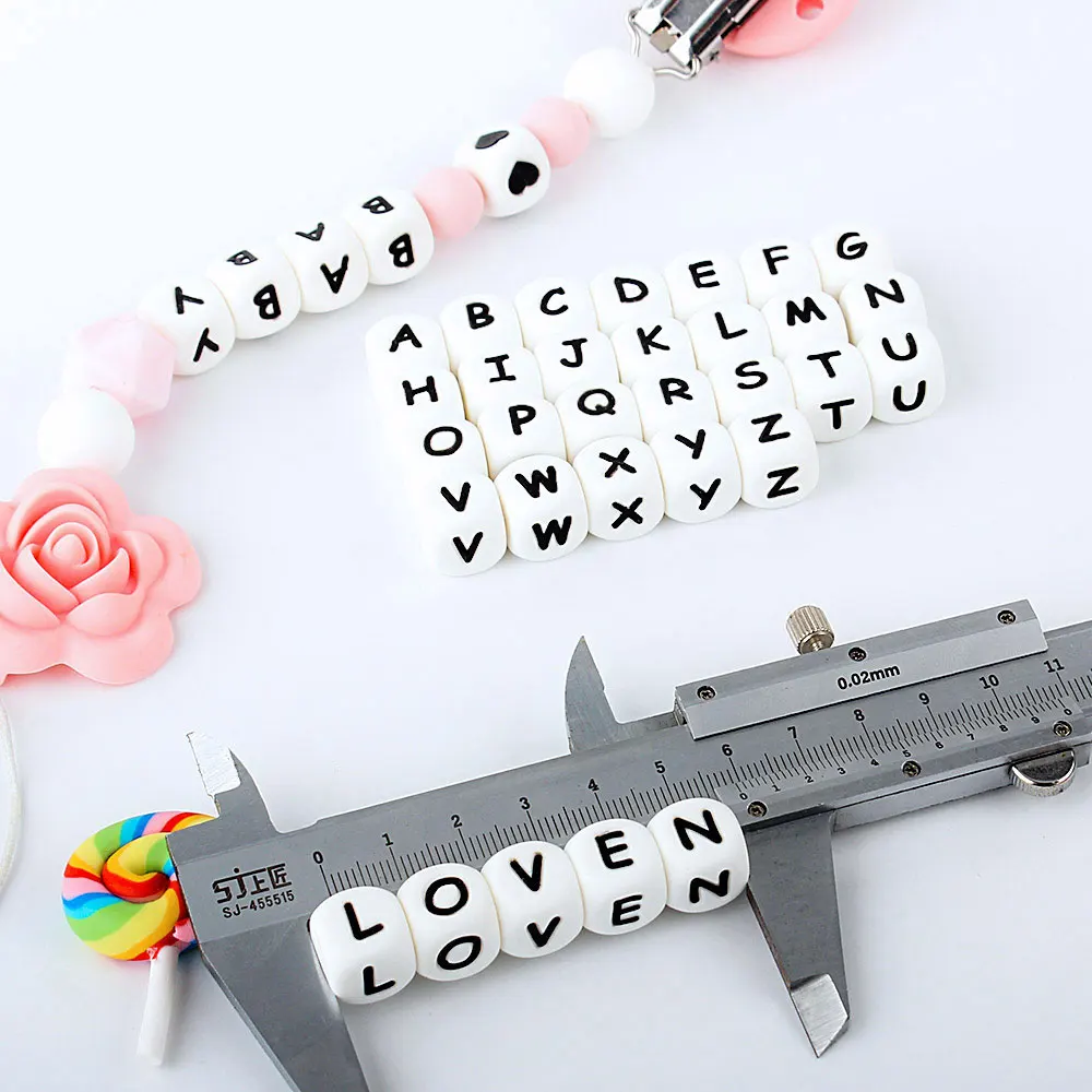 100/300/500pc 12mm Silicone Beads Baby Teether Milestone DIY Toys Teether Alphabet Letter For Personalized Name Pacifier Clip