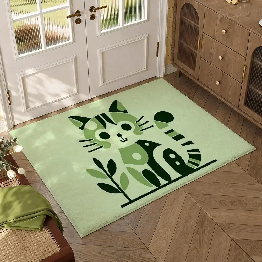 Cute Botanical Cat Floor Mat Soft Thickened Flannel Door Mat Non-Slip Living Room Rug Home Decor