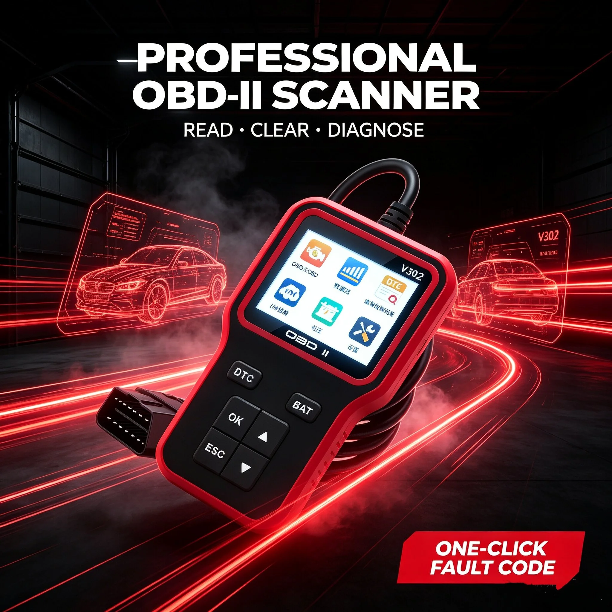 V302 Enhanced OBD2 Car Scanner Read Clear Fault Code Battery Test Live Data Stream I/M Readiness Check OBDII Auto Diagnostic Too