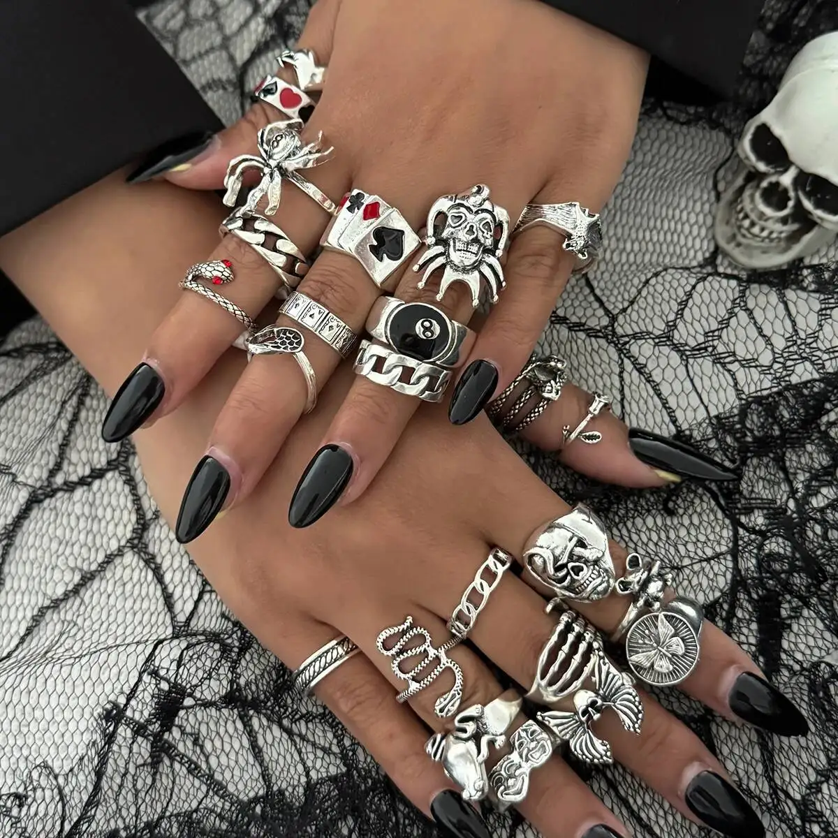 

KunJoe Gothic Skeleton Spider Snake Rings Set for Women Men Punk Bat Clown Geometric Knuckle Open Rings Halloween Jewelry Gift