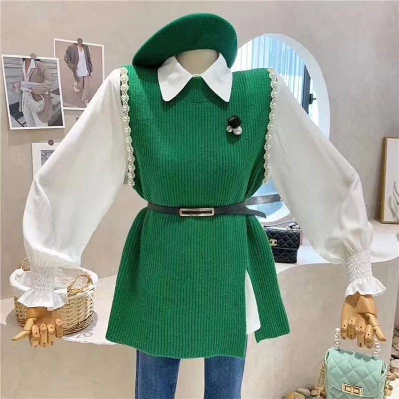 Pearl lantern shirt 2 two piece set women knitted vest 2024 spring autumn womens Long sleeve Shirts sets Sleeveless Sweater tops