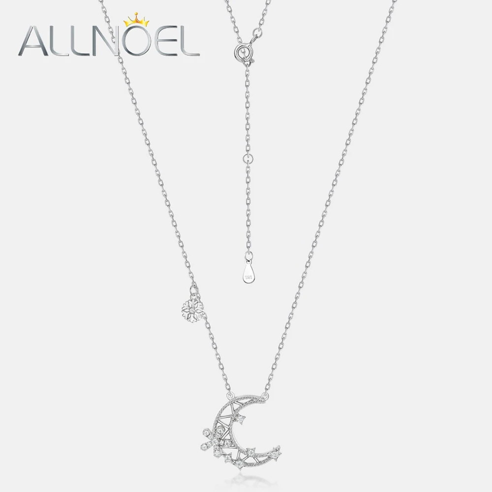 ALLNOEL 925 Sterling Silver Pendant Necklace for Women White Zircon Crescent Moon Snowflake Trendy Original Fine Jewelry Gifts