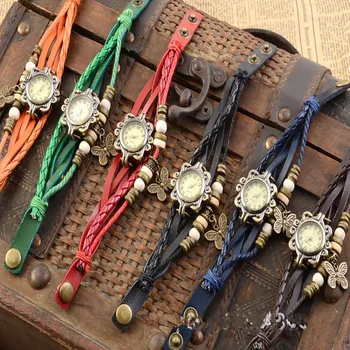 女性のための本革のクォーツ時計,色とりどりの高品質のヴィンテージスタイル,葉の形をした腕時計