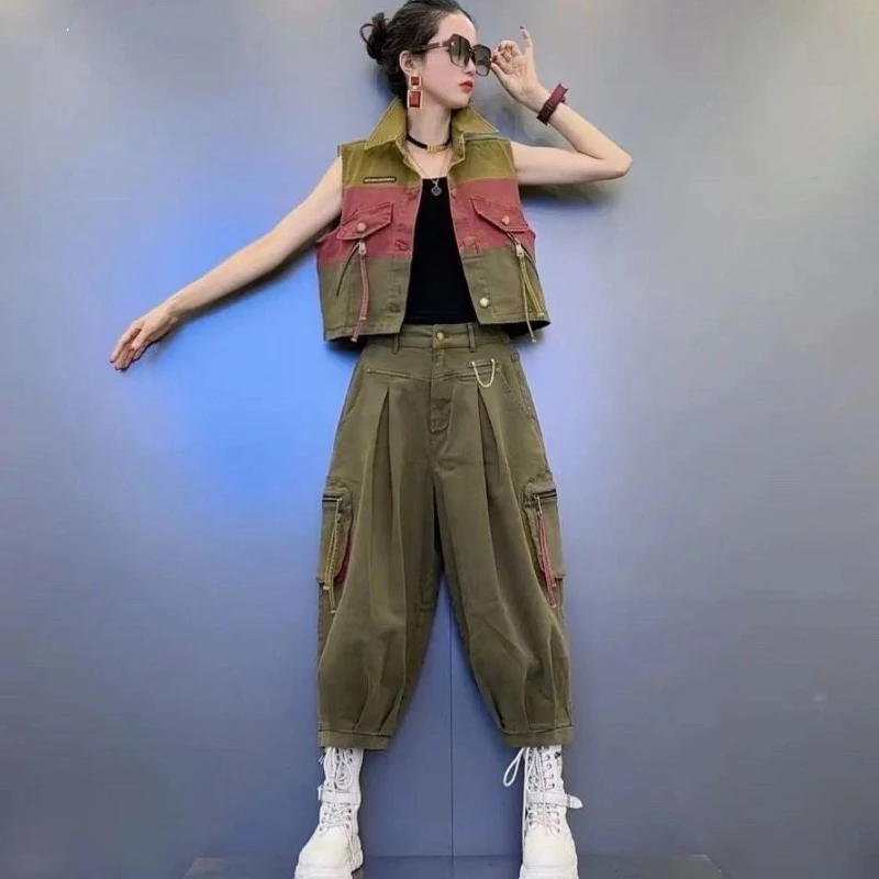 

Loose and Slimming Fashion Lantern Pants, Personalized Two-piece Set Spring Autumn Outfits Women's Patchwork Denim Vest Set,