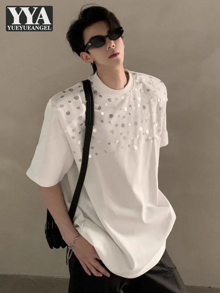 Hot Sale Summer Mens Sequin Design Loose Fit T-shirt Casual Pullover Shoulder Padded Short Sleeve O-Neck Youth Popular Tees
