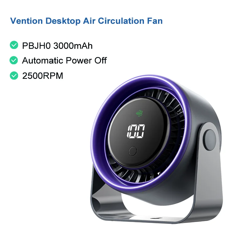 Vention Draagbare 4500mAh Desktop Luchtcirculatiefan met LED-display, 2500RPM, Stil, Verstelbaar, voor Kantoor, Kamperen en Buiten.