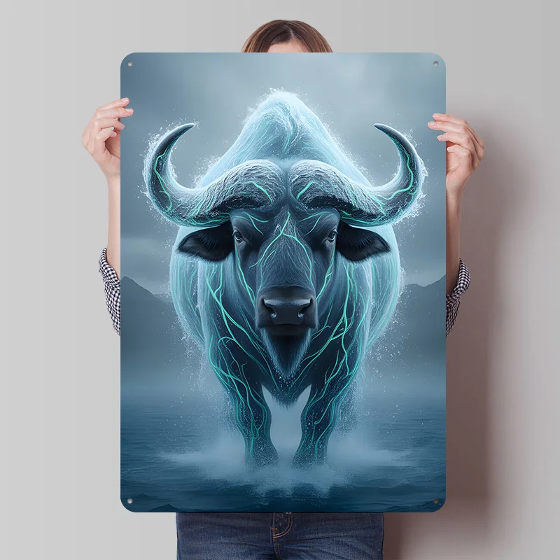 Water Buffalo With Glowing Veins Tinplate Poster Custom Wall Art Vintage Metal Signs Retro Tin Plaque for Modern Home Decoration