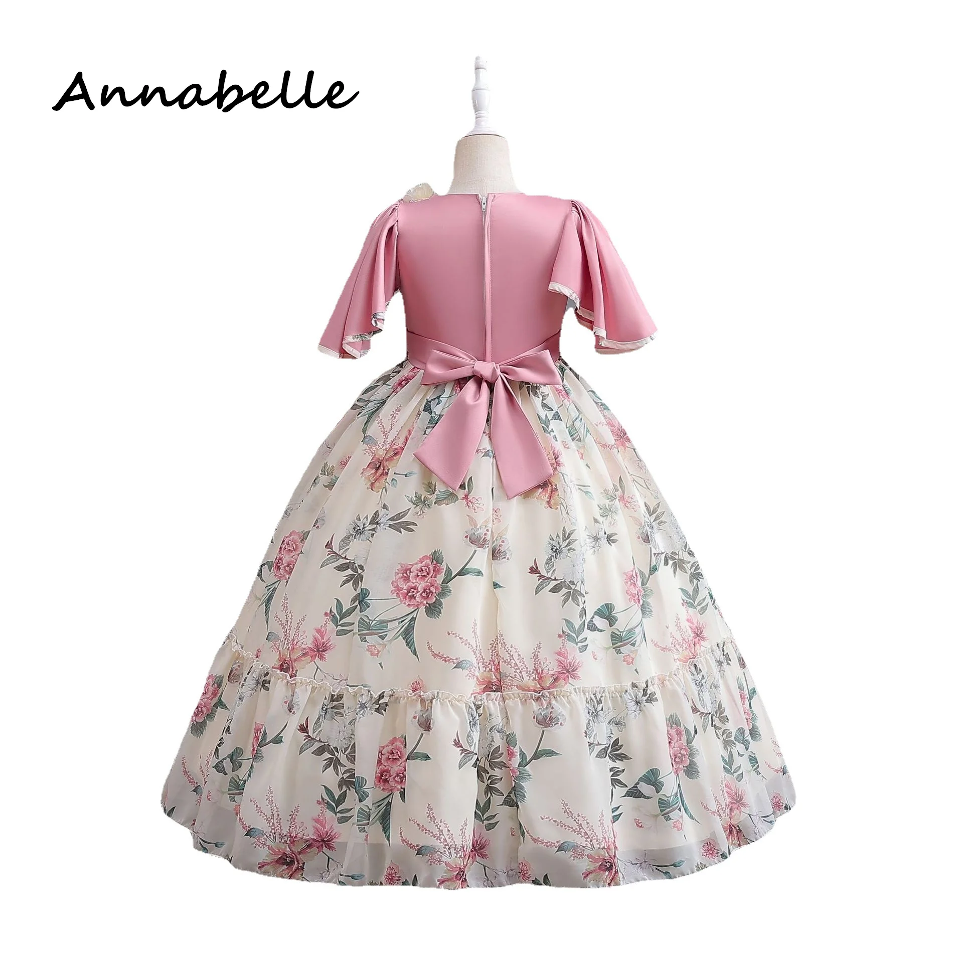 Annabelle Flower Baby Girl Bow Dress, Festa de casamento Vestidos Elegantes, Kids Puffy Baby Gala, Roupas de manga curta, Crianças