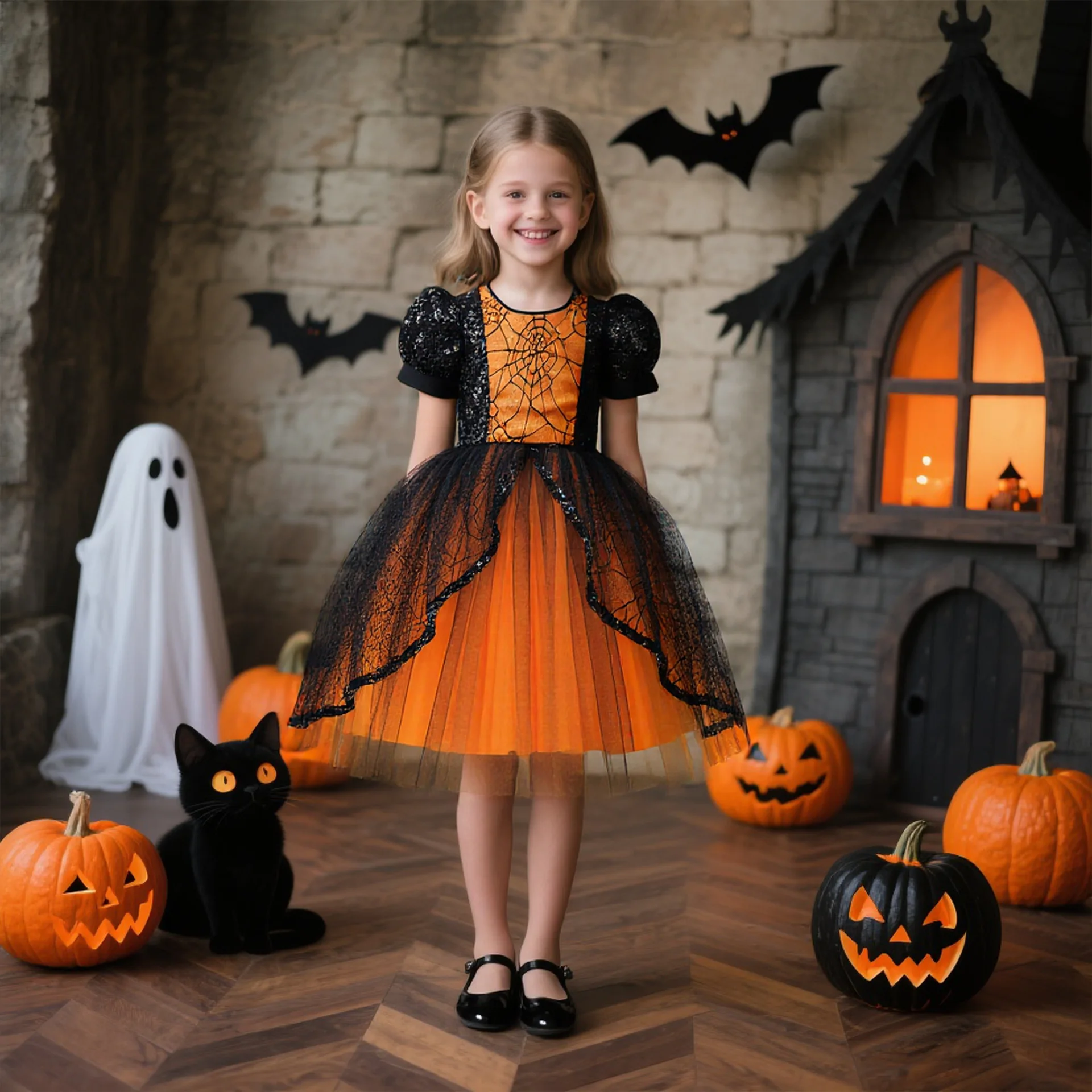 Fashion Lace Sequin Princess Dress Girl Cosplay Halloween Costume Spider Web Pattern Witch Pumpkin Dress Party Evening Dress
