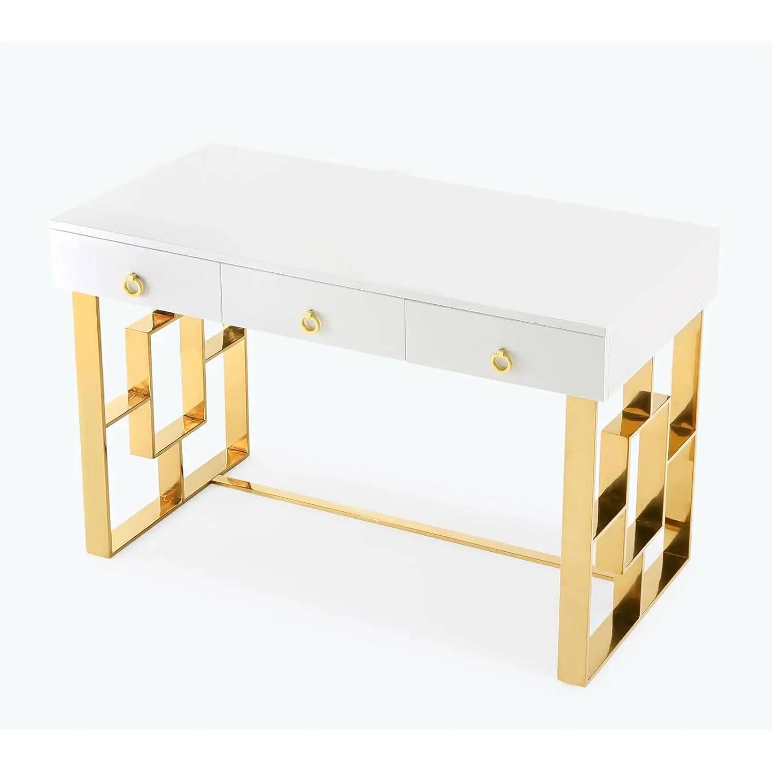 Mid Century Modern Gloss Lacquer Computer Desk with Drawers Home Office Writing PC Desk White Gold, Customized