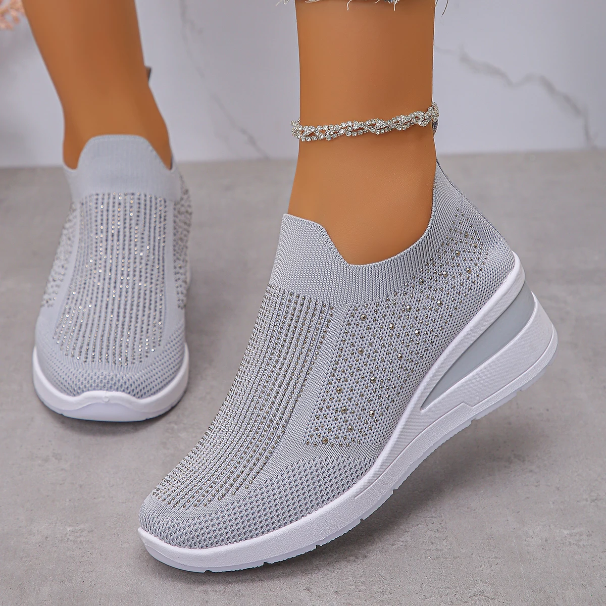 الخريف النساء حجر الراين أحذية رياضية موضة تنفس شبكة الانزلاق على أحذية رياضية مسطحة في الهواء الطلق أسافين عادية أحذية فلكنيز النساء #5