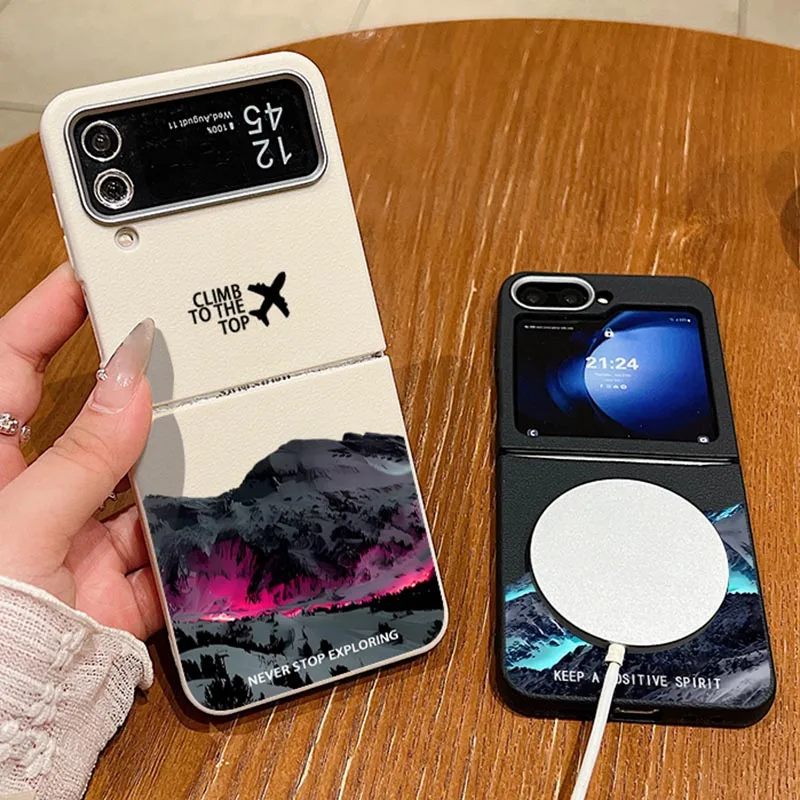 

Snowy Mountains Magnetic Phone Case For Samsung Galaxy Z Flip 6 5 3 5G Leather TPU Soft Folding Cover For Samsung Z Flip4 Flip5
