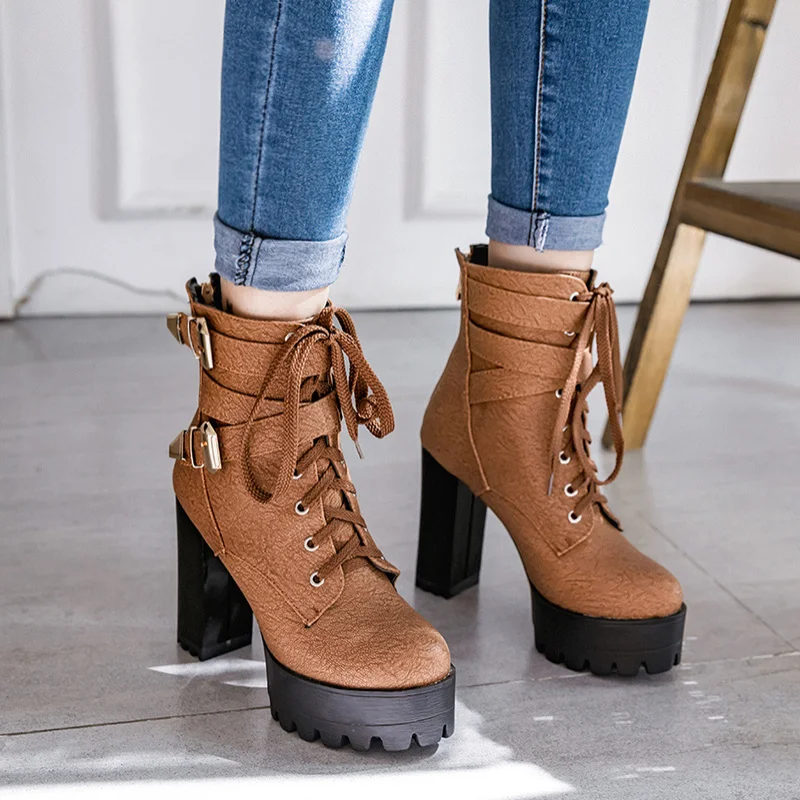 Winter Ankle Boots For Women Shoes Platform Sexy Buckle Punk Heel Motorcycle Boot Brown Shoes Woman Large Size