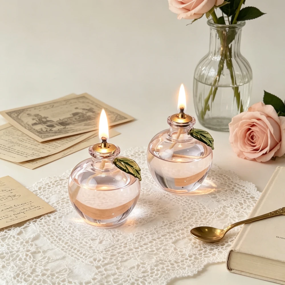 Creative Apple‑Shape Glass Oil Lamp Romantic Candlelight Tea Party Decor Smokeless Oil Lamp Aesthetic Desktop Ornament
